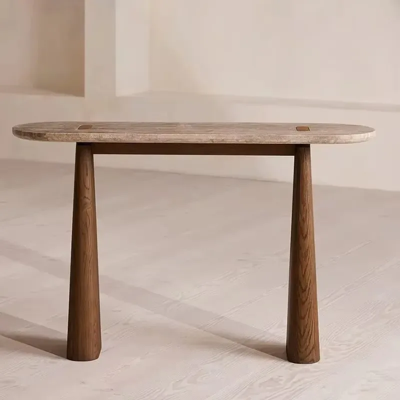Modern Oval Coffee Table with Limestone Top and Wooden Legs Simple Side Table for Living Room Home Furniture