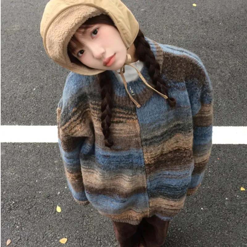 

Vintage Gradient Striped Sweater Knit Cardigan Women Autumn Winter High Grade Zipper Long Sleeve Loose Slimming Coats Outerwear