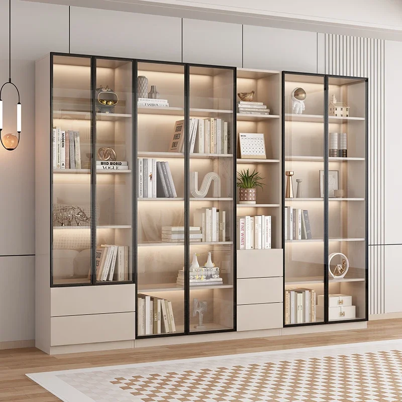 Light luxury glass door bookshelf, living room floor to ceiling dustproof bookshelf, modern storage display cabinet