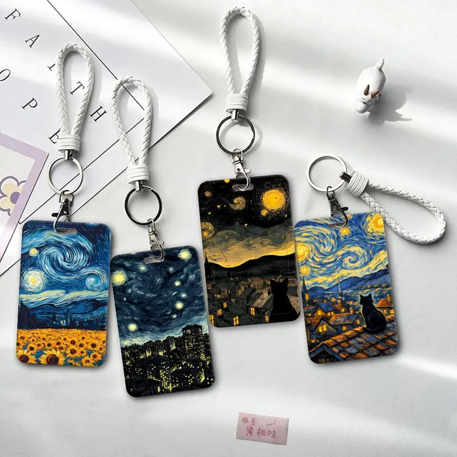 Starry Sky Cat 1Pc Card Holder Retractable Credit Card Holders Holders Child Bus with lanyard Badge Bank ID Cover Case