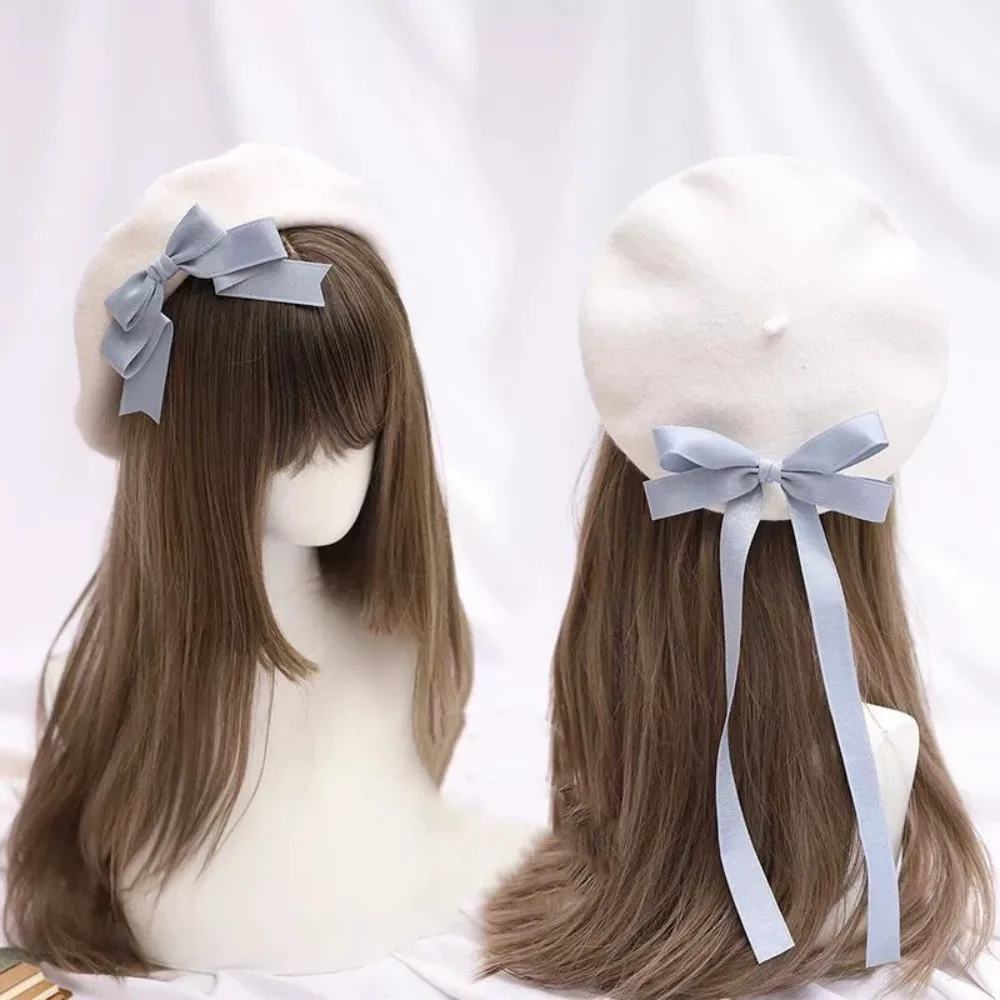 Chic Ribbon Bowknot Beret Hat Wool Blend Multicolor French Artist Hat Handmade Lolita Cosplay Cap for Girls