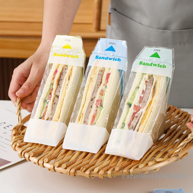 100 Pcs Disposable Commercial Sandwich Packaging Bags Easy Tear Sandwich Wrappers For Bread Bags Transparent Triangle Toast Bag