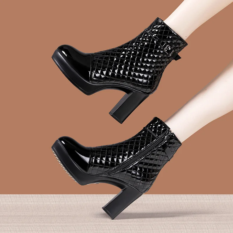 

9cm Big Size 33-43 Elegant Patent Leather Boots Platform Shoes Winter 2026 Women's Block High Heels Warm Fur Ankle Boots Office