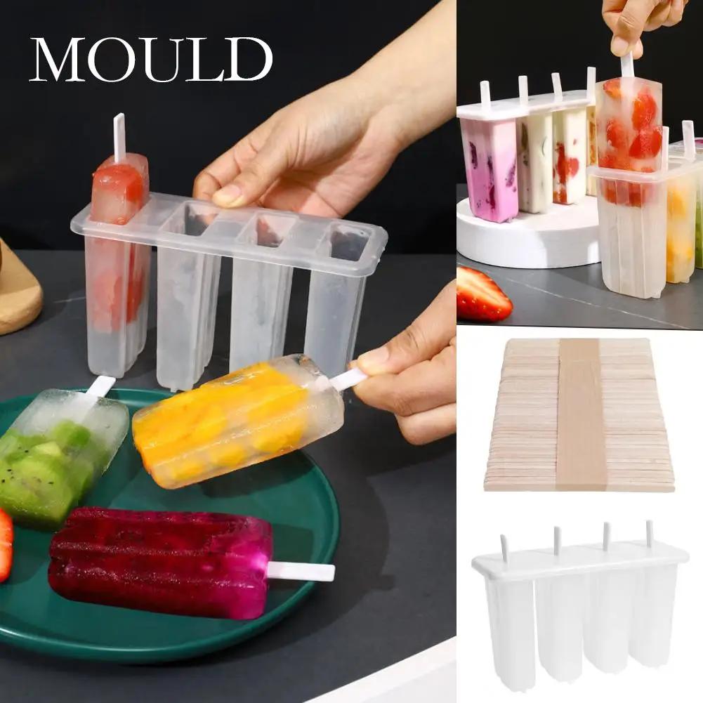 Molde para paletas de helado de 4 celdas, bricolaje, tapa de cocina de hielo hecha a mano, utensilios para crema de paletas de hielo, molde de verano con bandeja para niños H6j8