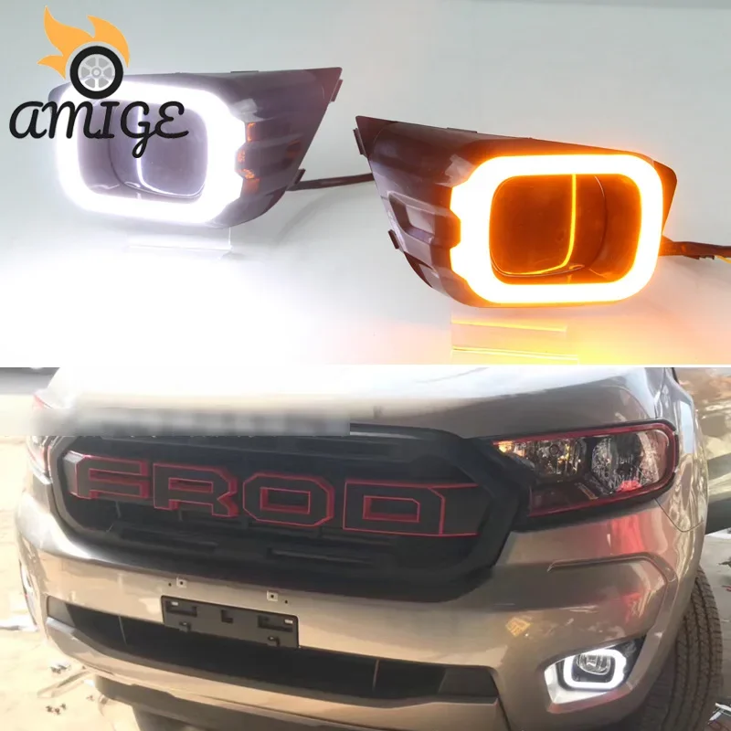 

Светодиодные DRL дневные фары, противотуманные фары для Ford Ranger T8 2019 2020, желтый указатель поворота, автомобильные дневные ходовые фары