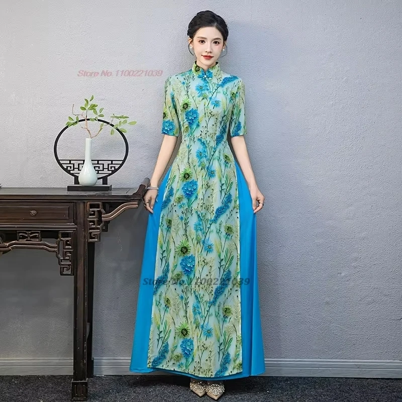 

2025 vietnam aodai traditional dress national flower print improved dress qipao chiffon cheongsam banquet evening dress vestido