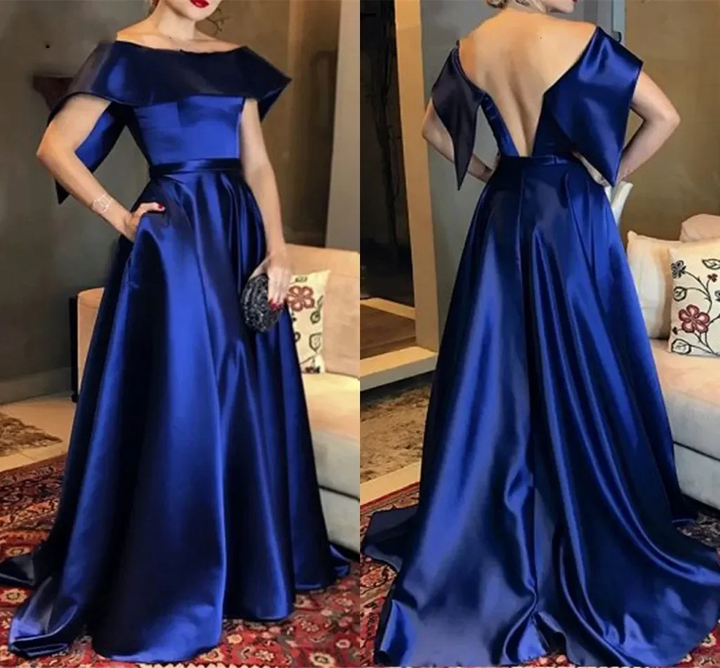 

Elegant Royal Blue Formal Evening Dress 2026 Off Shoulder Backless A-line Satin Women Prom Party Gowns Robe De Soiree