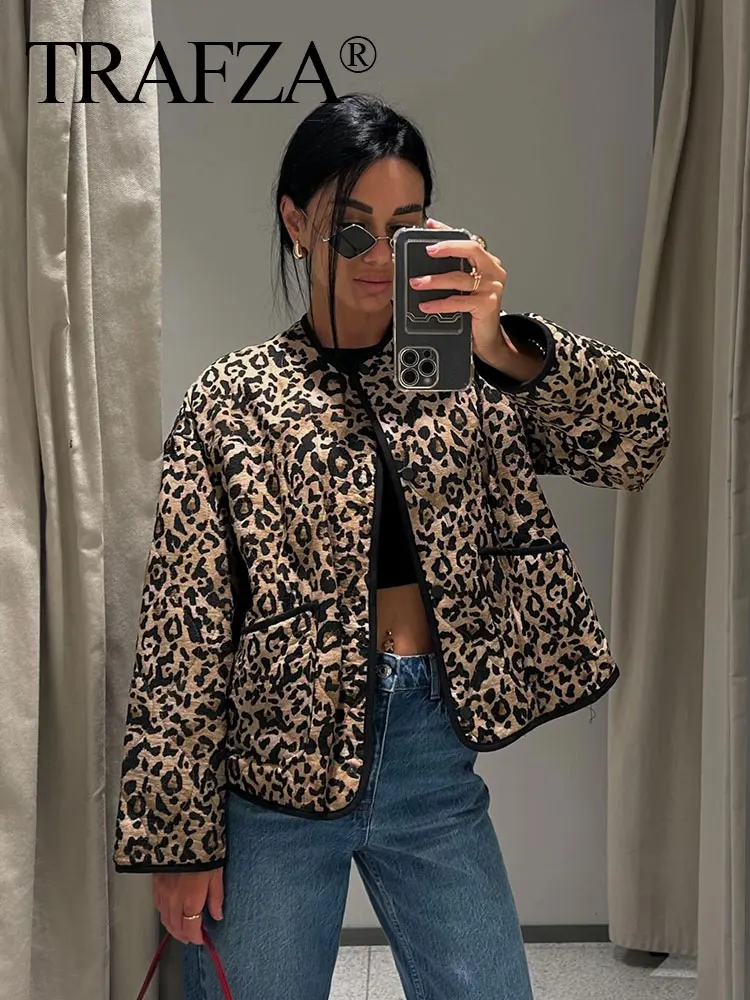 TRAFZA 2024 Woman Leopard Print Long Sleeves Pockets Single-Breasted Decorate Casual Loose Coat Women Winter Cotton Coats