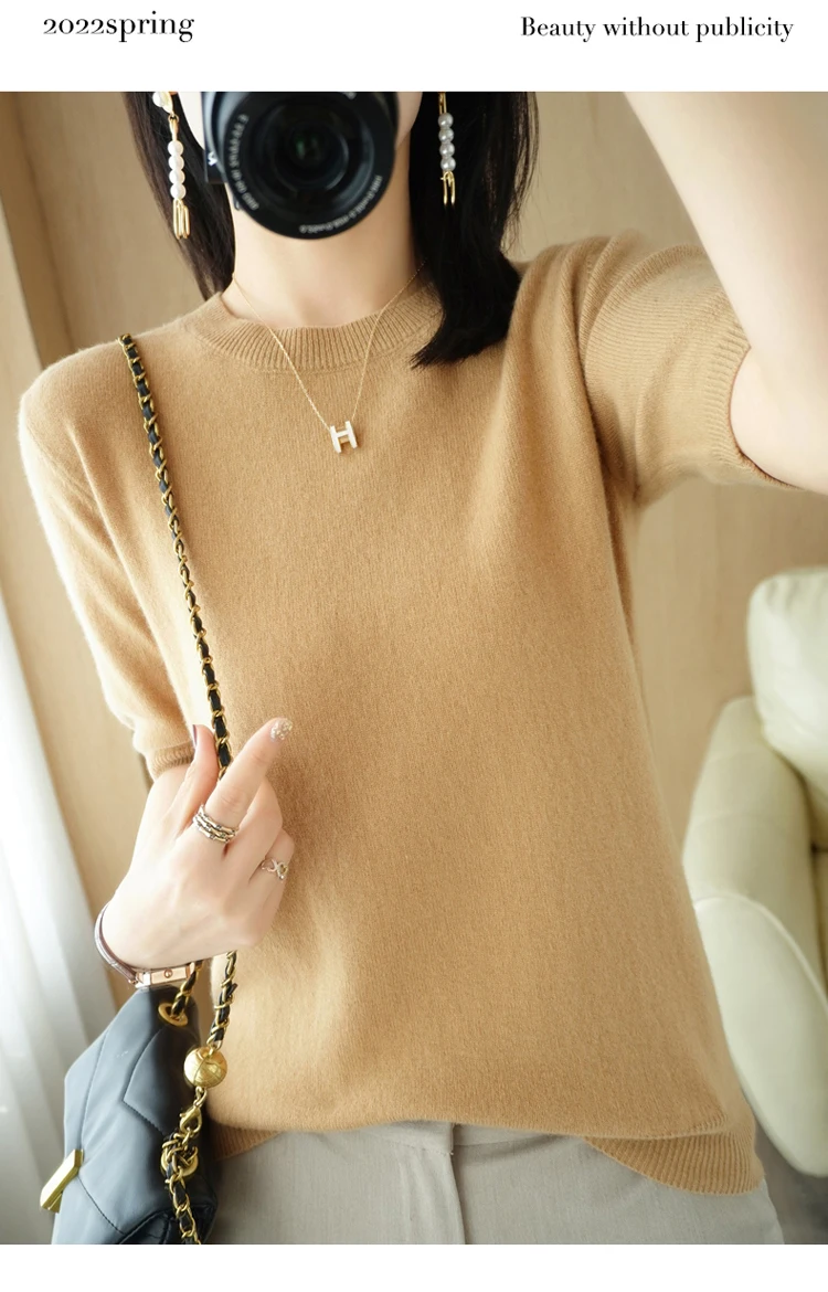 Spring 2022 New Women's O-Neck Short-Sleeved Exquisite Cashmere Sweater Pullover