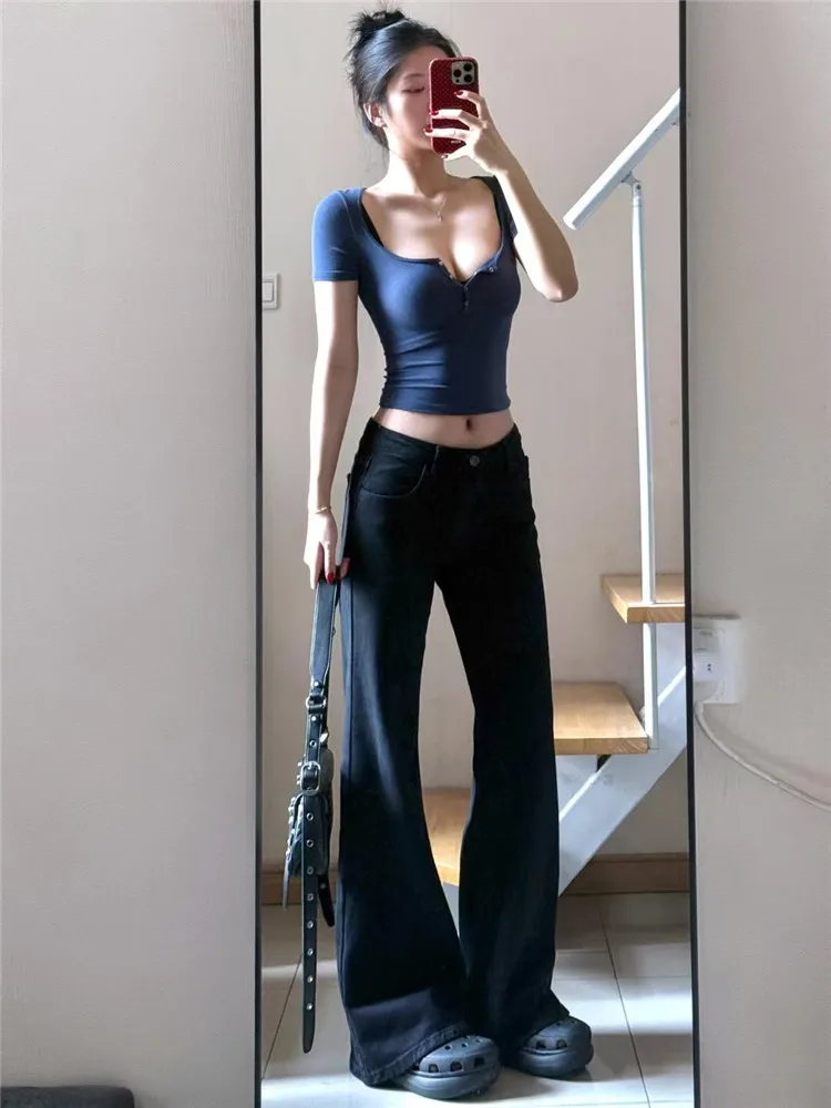 

Американские винтажные джинсы с низкой посадкой, широкими штанинами и микро-клешем, женские свободные брюки в пол, стройнящие, весна-осень, черные