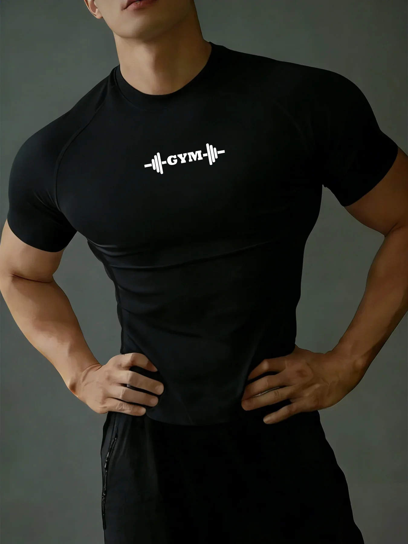 New men's and women's tight fitting clothes, with a powerful dumbbell print, fitness running yoga, and elastic breathable fabric