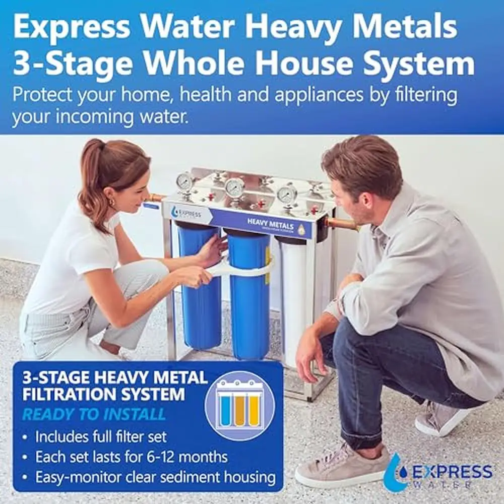 3-Stage Stainless Steel Water Filtration System Reduces Heavy Metals Improves Water Quality Quick-Change Cartridges Versatile &