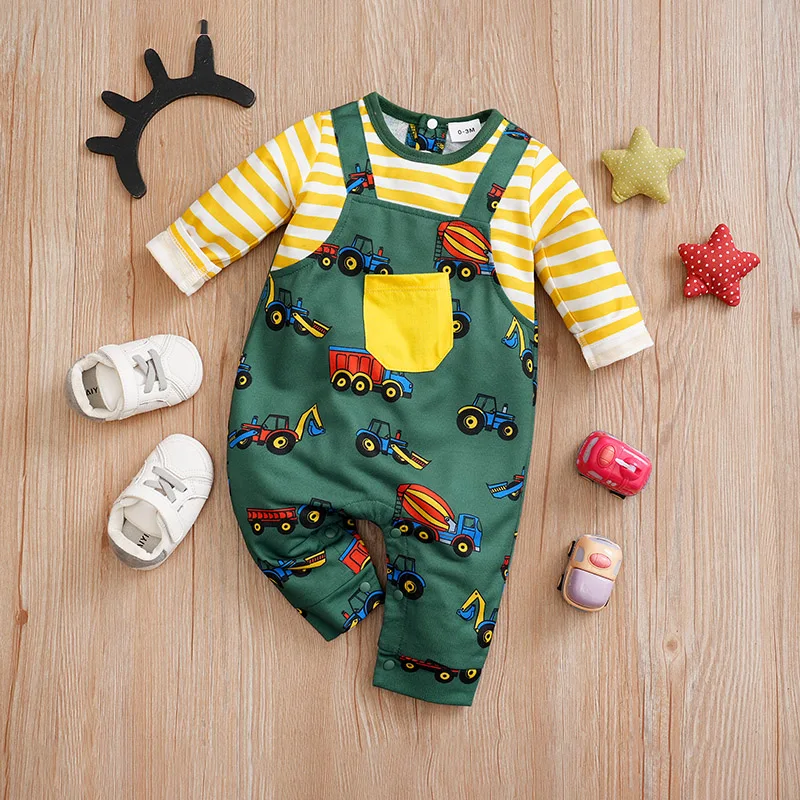 Baby Jumpsuit Cute Cartoon Strap Engineering Car Print Comfortable And Soft Spring And Autumn Long Sleeves 0-18m Newborn Clothes