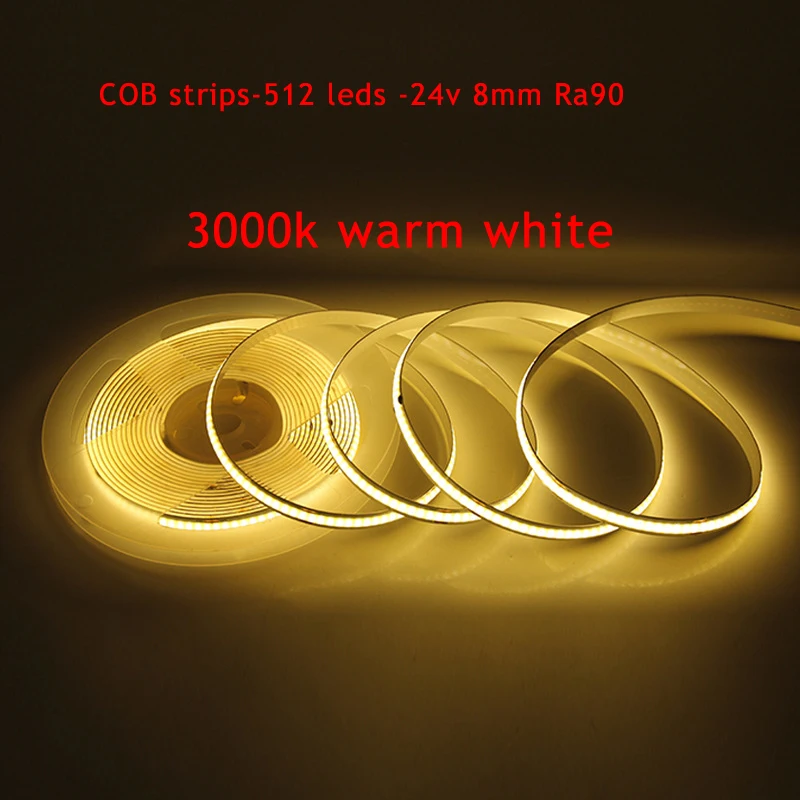 

COB LED Lights Linear Dimmable 8mm Warm Nature 24V 512leds Flexible 8mm Width RA 90 High Bright Led Tape Light Bar