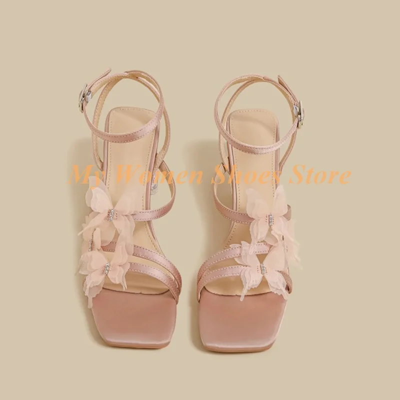 

Butterfly Decor Pink Square Toe Sandals Block High Heel Ankle Buckle Strap Narrow Strappy Handmade 2026 Summer Women Dress Shoes