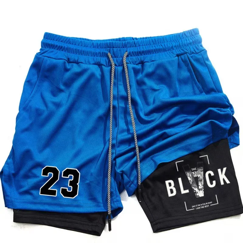

Men's casual 23 printed double-layer sports shorts with drawstring and two in one sports shorts for fitness and exercise pants