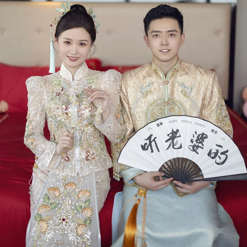 الرجال Xiuhe تانغ الملابس الصينية حفل زفاف مأدبة Tangsuit الذكور التطريز Hanfu التقليد سترة طويلة الأكمام زي