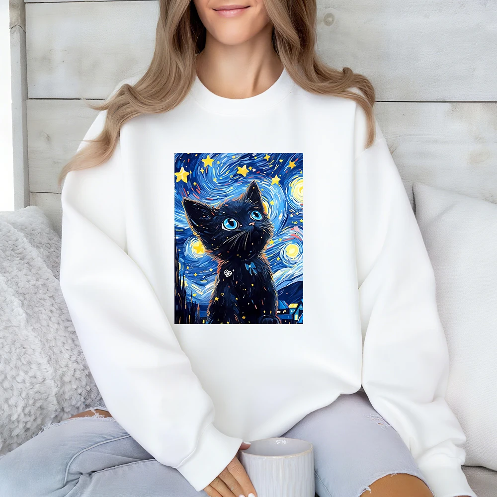 Van Gogh Starry Night Black Cat Prints Sweatshirt Women Winter Fleece Warm Hoodies Crewneck Loose Tops Basics Sporty Clothes