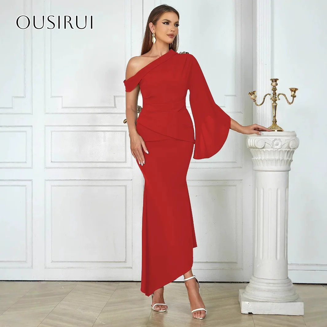 

One Shoulder Sheath Satin Short High-low Cocktail Dresses Long Sleeves Customized платье на выпускной