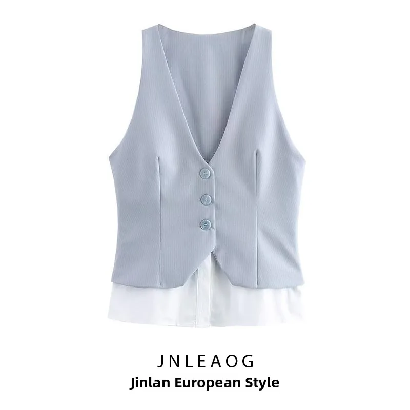 JNLEAOG Spring New Women's Fashionable V-neck Stripe Patchwork Sleeveless Top Stylish Versatile Polyester Fiber Tank Top