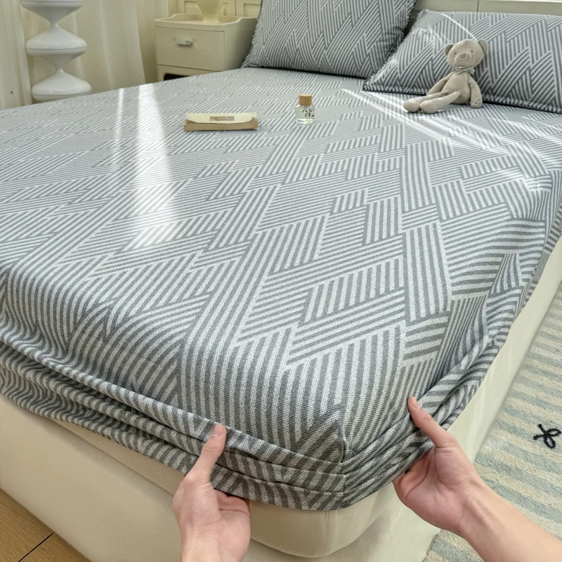 Sábana Ajustable 100% Algodón, Individual/Queen/King Size, Sábana de Algodón a Rayas con Elástico de Alta Calidad, Sábana para Cama