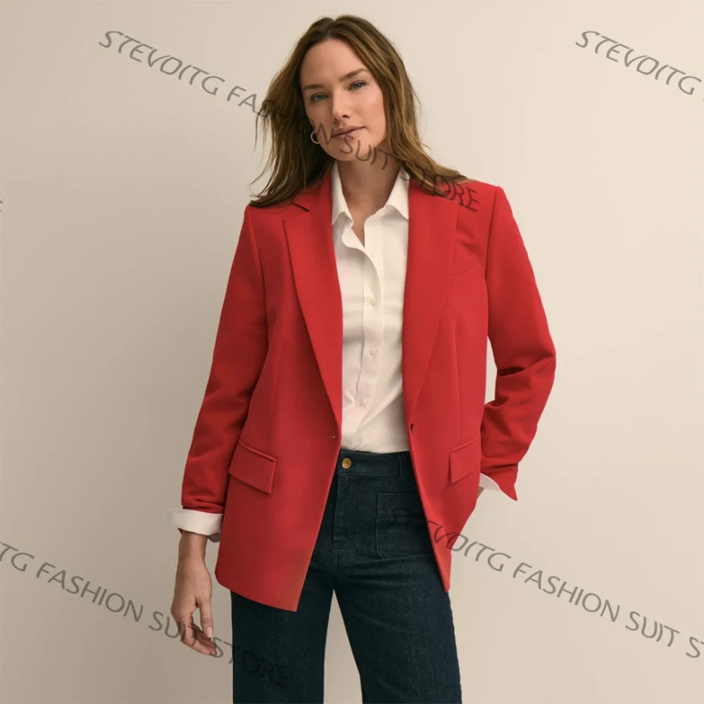 Women's Classic Red Jacket Elegant Single Button Notch Lapel Two Pieces Suit Denim Pants Set for Daily Office & Casual Wear