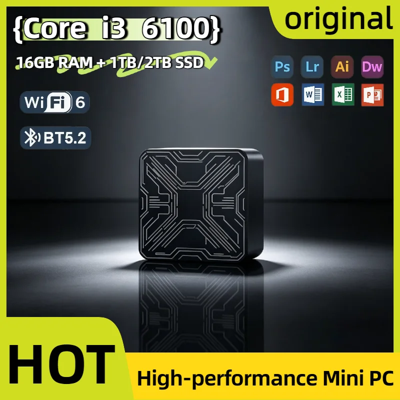 2026 Intel Core i3 6100 Portable Mini PC 16GB DDR4 M.2 NVMe SSD Triple 4K WiFi6 Silent Cooling Office Computer Desktop Home