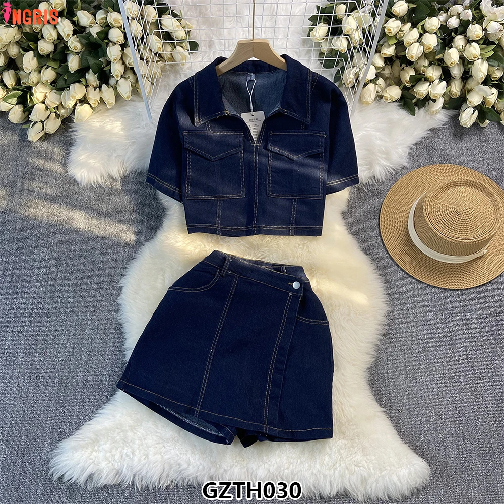 

Denim Cropped Shirt and High-waist Crossover Wrap-style Skorts Two Pieces Sets-GZTH030