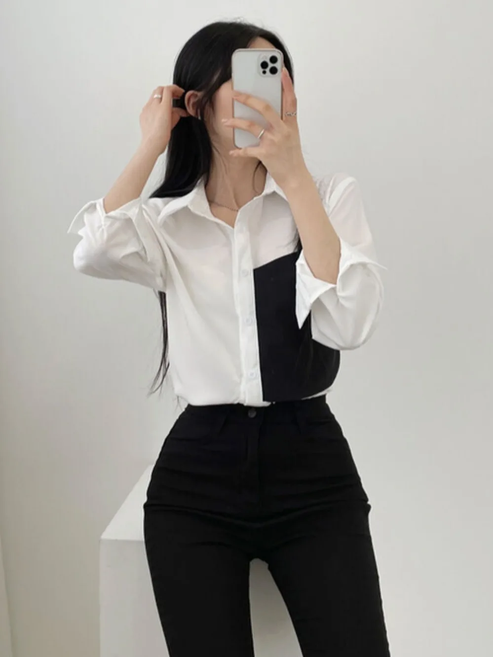 Csa de Manga Larga con Diseño Asimétrico Chic, Cierre de un Solo Botón, Bloques de Color, Estilo de Dos Piezas Falsas, par...