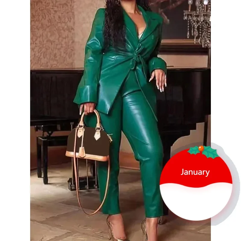 Fall Winter Women Sets PU Leather Notched Lapel Big Size Lace Up PU 2 Piece Outfits Dark Green Faux Leather Jacket Pants Suit