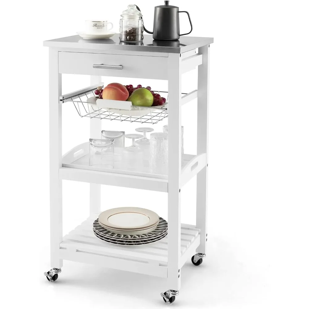 

Storage Rack Trolley, Kitchen Island Cart with Drawers on Wheels with Stainless Steel Countertop, White Multifunctional Cart