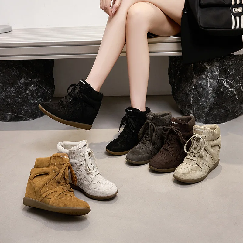 2026 New Women's 8CM Height Increase Lace Chunky Platform Short Boots Suede Leather Fashion Versatile Casual Shoes Four Season