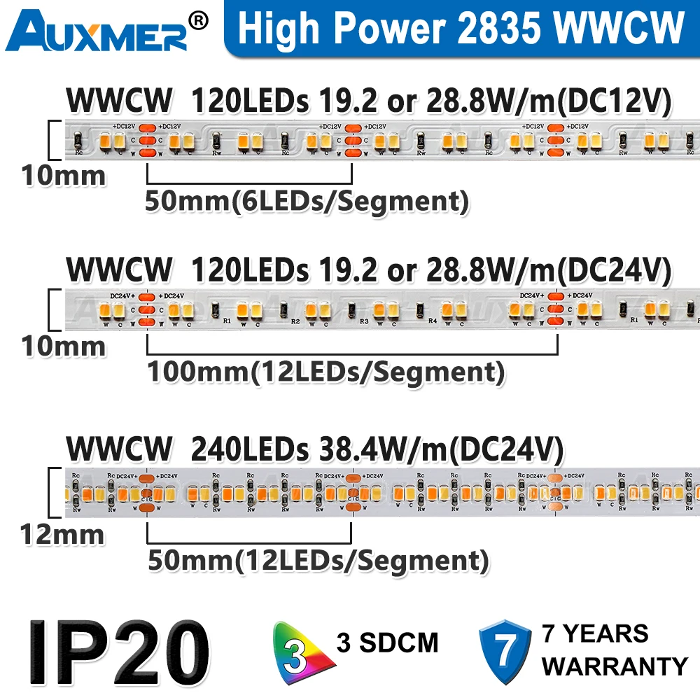 Imagem -02 - Luzes de Tira Led para Decoração de Casa Iluminação Linear Fita Led Flex 2835 Cct Ajustável Branco Cri95 Mais 120leds m 240leds m dc 12 v 24v Ip20