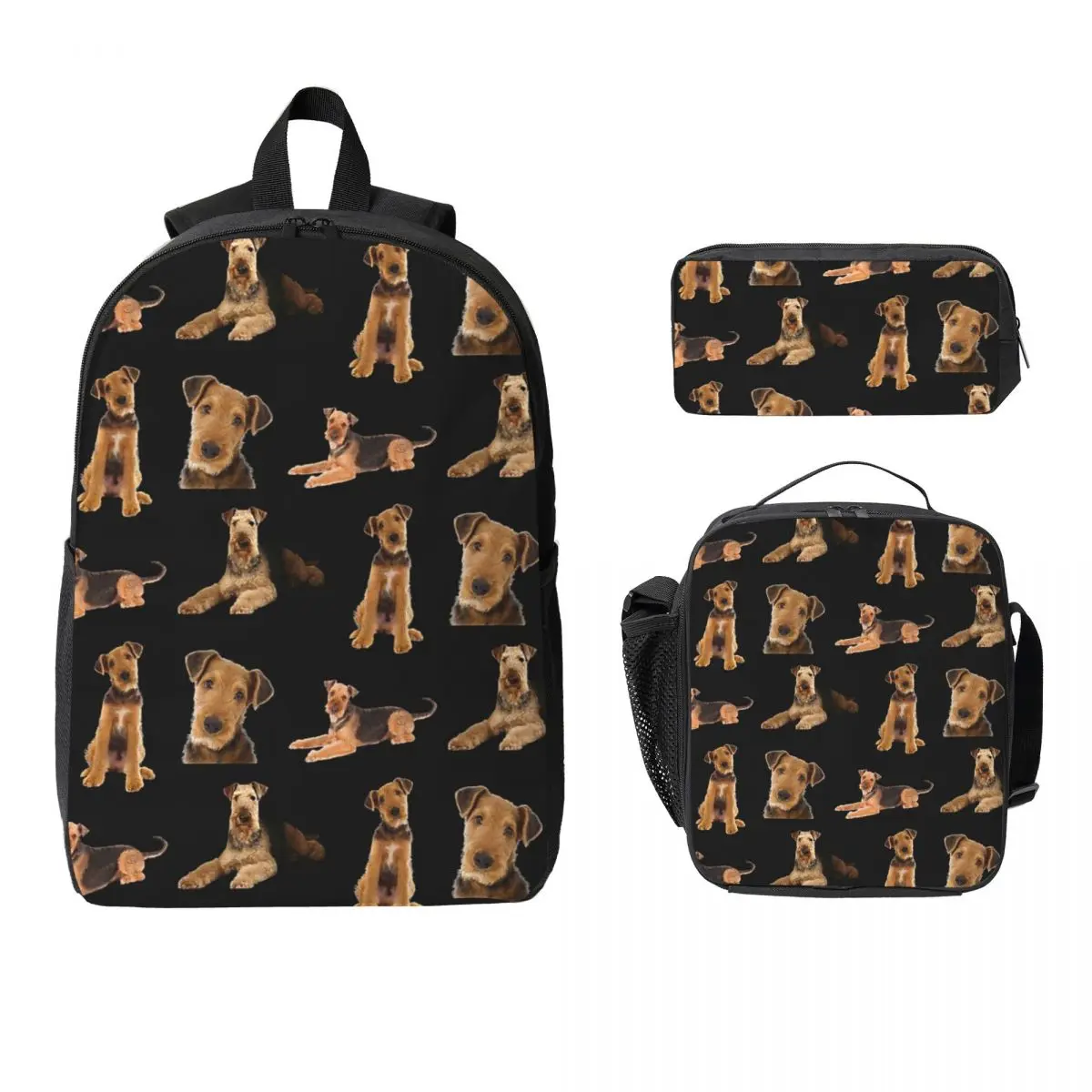 

Airedale Terrier Backpack Student Boys Girls BookBag School Bag Computer Shoulder Bags 3ps Insulated Lunch Bag Pencil Case