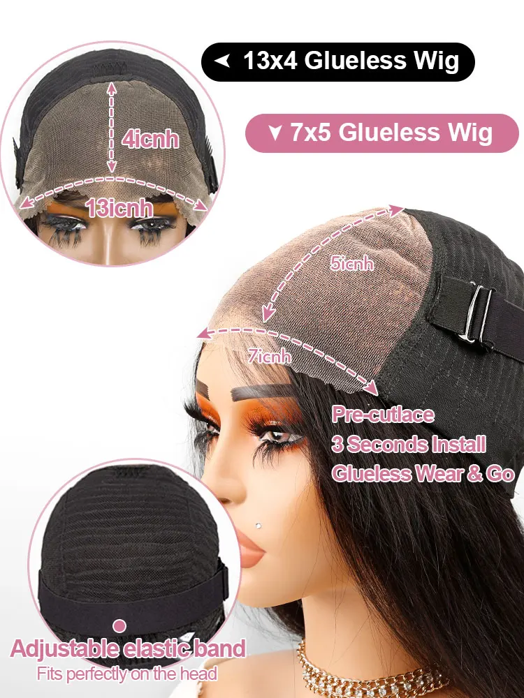 40 46 Inch Bone Straight 7x5 Glueless Wigs Human Hair Ready Wear And Go Pre Cut Lace 100% Human Hair 13x4 No Glue Silky Hair Frontal Wigs For Women 300 High Density Brazilian Preplucked Hairline 3-5 D image 8