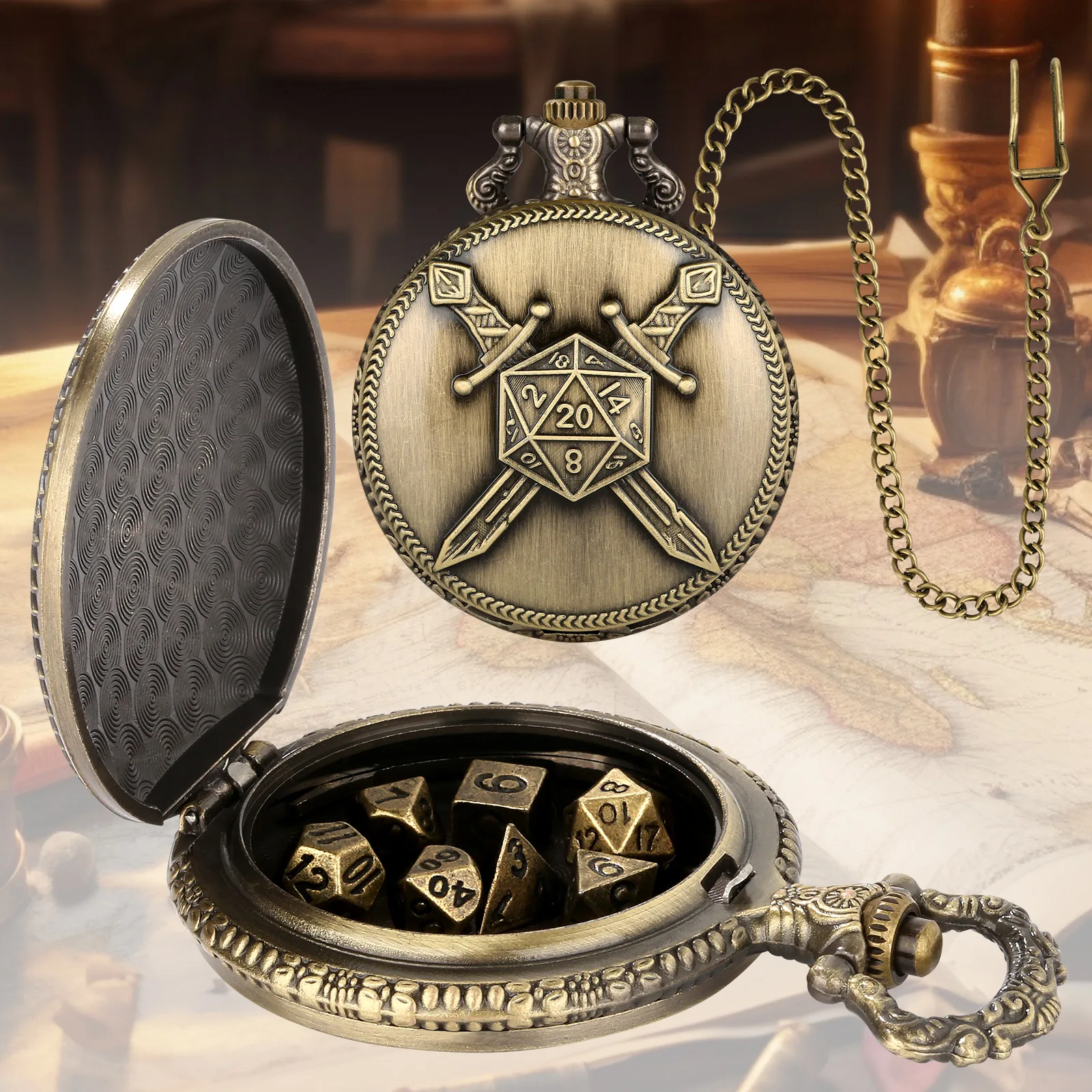 Retro 3D Double-Sword Pocket Watch Dice Case DND Dice Pendant Pocket Watch Box for Dungeon and Dragons Polyhedral Dice set