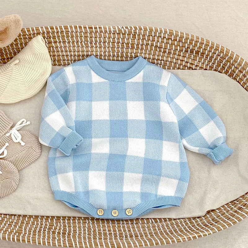 

2025 New Autumn 0-24M Children Knitted Clothes Newborn Baby Girls Knitted Bodysuits Long Sleeves Grid Infant Baby Girls Jumpsuit