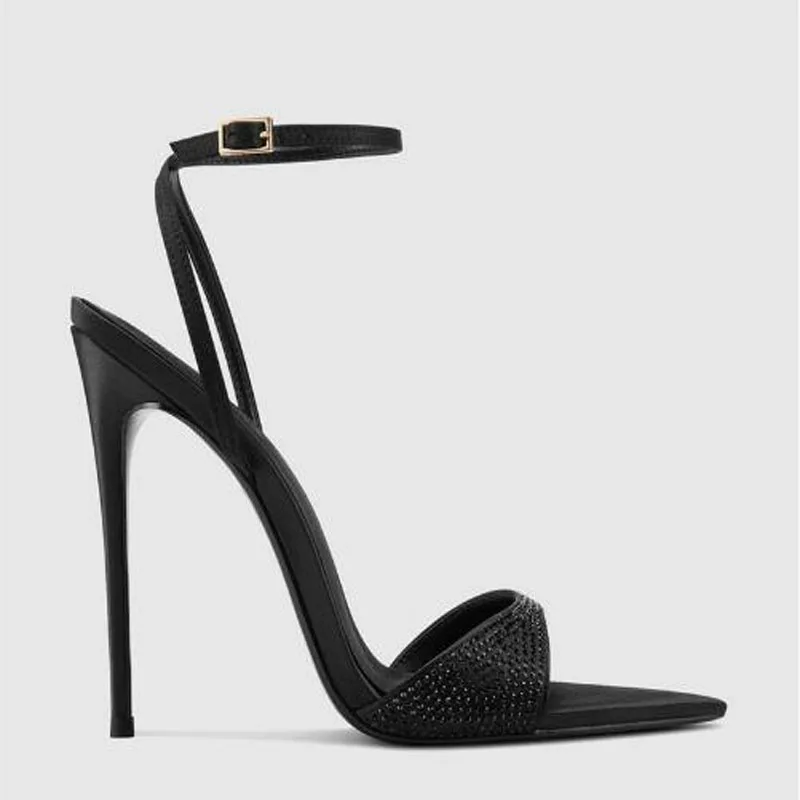 New Black Champagne Silk One Line Pointed Open Toe Ankle Strap Summer Sandals Women Thin Heels Party Evening Dress Shoes Size 45