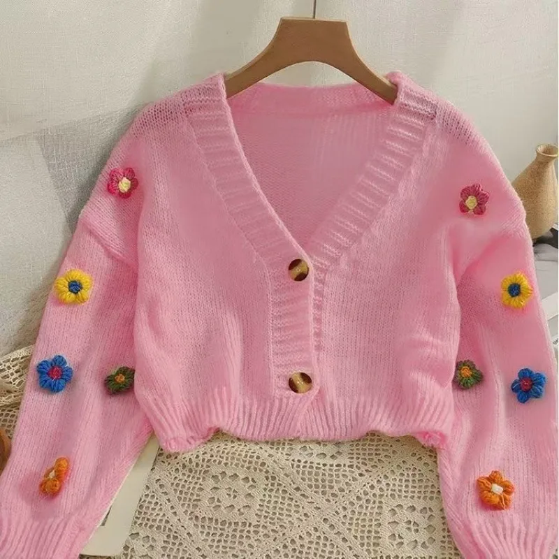 PTKPCC New Colourful Applique Flower Cardigan for Women Cute Long  V-neck Knit Crop Sweater Soft Girl Soft Knitwear Fairycore