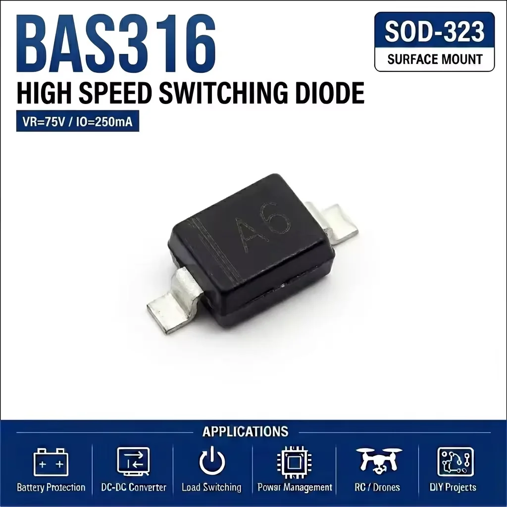 (100 pcs) BAS316 SOD-323 (Marking A6) - Switching Diode 85V 250mA 1.25V 4ns