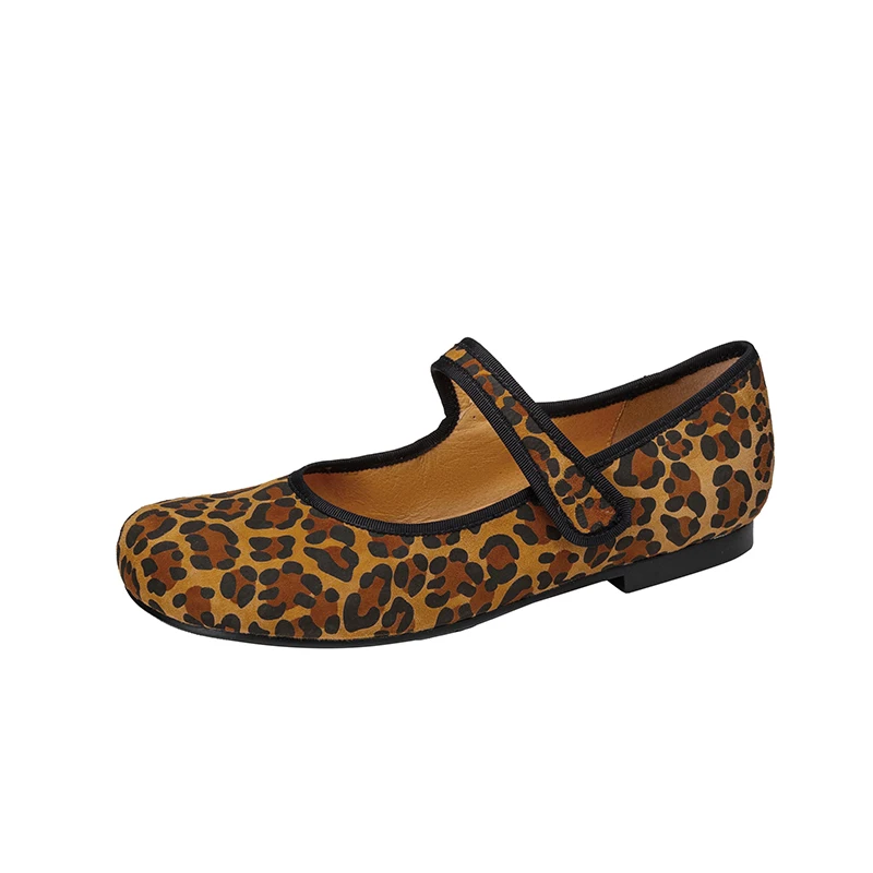 

Premium Suede Mary Jane Flats 1cm Flat Heel Round Toe Single Buckle Black Coffee Leopard Print Women Casual