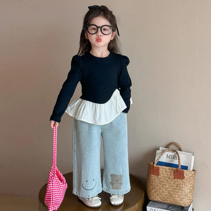 

2025 New Korean Style Girls' Long Sleeved Bottom Shirt Spring Dress Baby Girl Ruffle Skirt Top Doll Shirt
