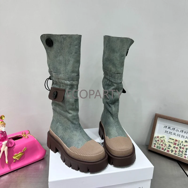 Korean Version Knee Length Boots Denim Washed Shell Head Thick Bottom Work Clothes Boots Fashionable Knight Boots Trendy Women