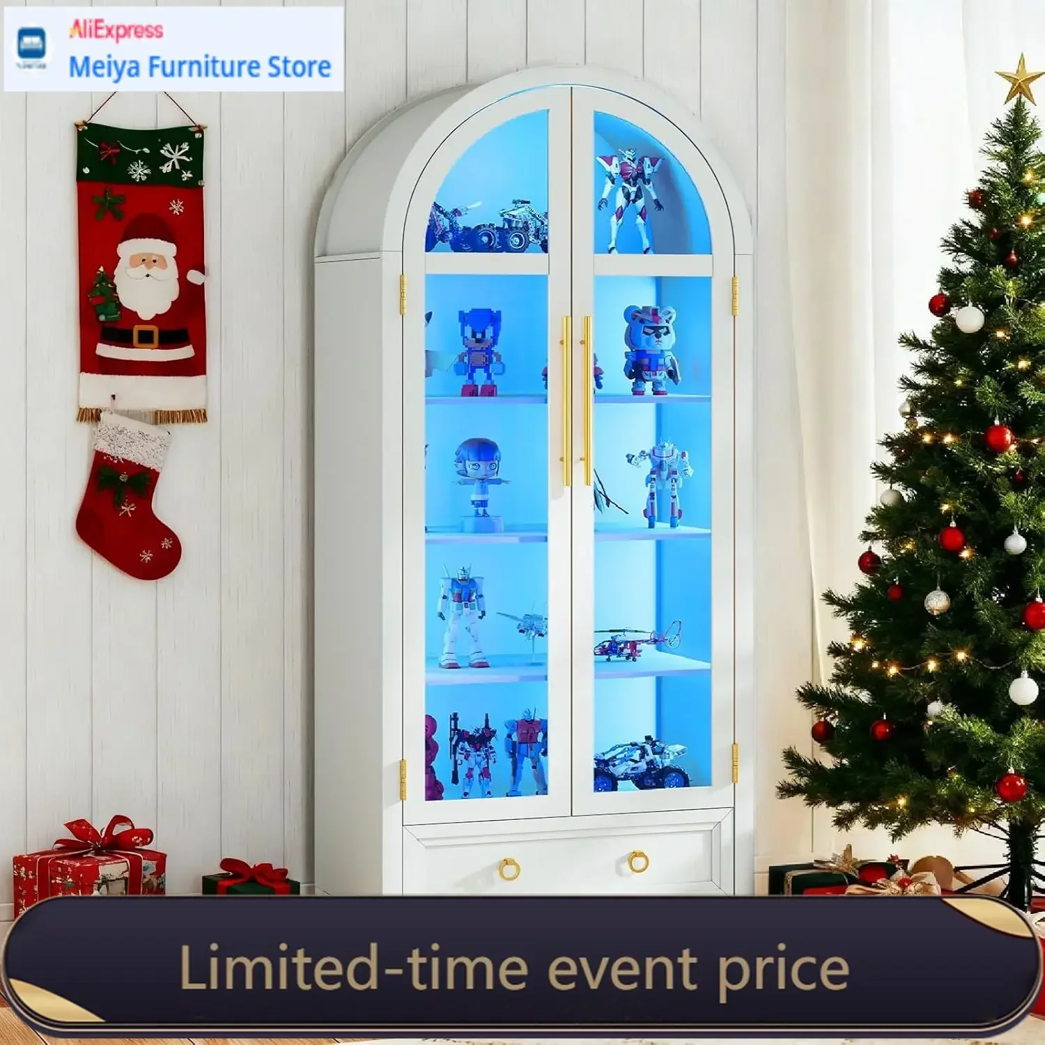 73 Inch Tall White Arched Glass Door Display Cabinet 4 Tier Curio With 3 Color Human Body Sensor LED Lights Adjustable Shelf For