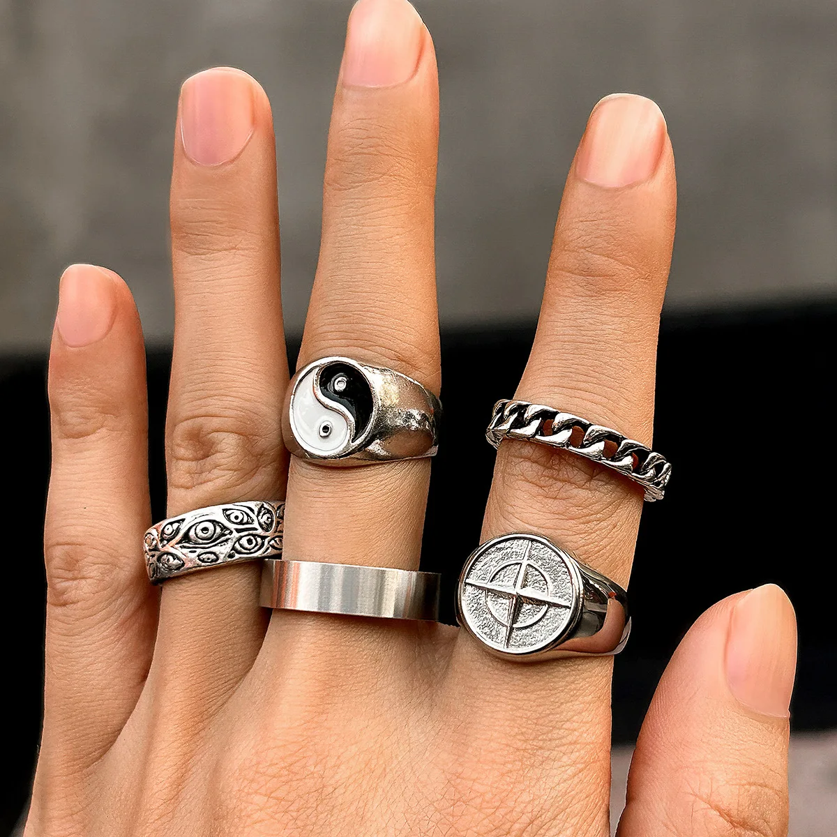 5Pcs/Set Punk Geometric Carved Tai Chi Rings for Men Simple Silver Color Adjustable Opening Rings Set Hip Hop Waterproof Jewelry