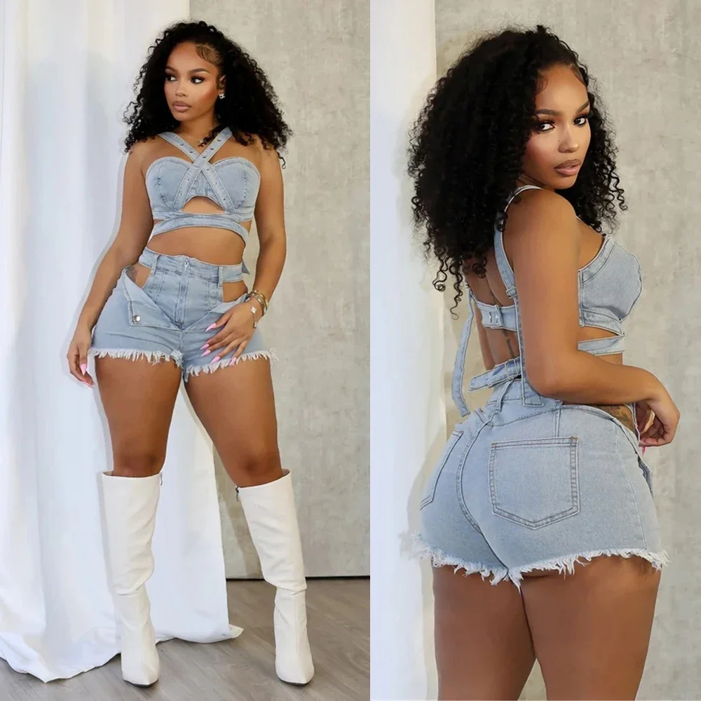 

Sexy Jean Women Short Sets Straps Denim Crop Top and Cut Out Shorts Set 2025 Summer Clothes Streetwear Two 2 Piece Club Outfits