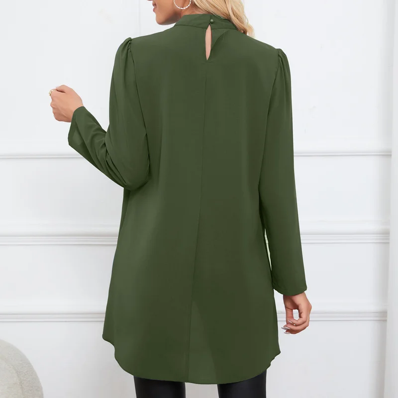 Damska koszula 2w1 z efektem dwóch części, długi rękaw, mały stójka, jednolity kolor, nowość 2025