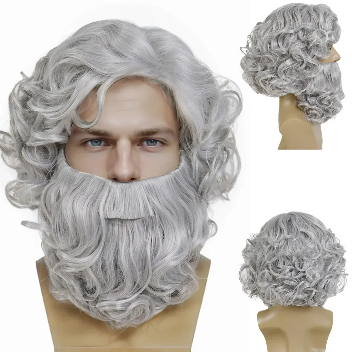 Synthetic Wizard Beard and Wig Sets Short Gray Old Man Curly Wig Costume Zeus Cosplay Suit Grey for Men Carnival Christmas Party