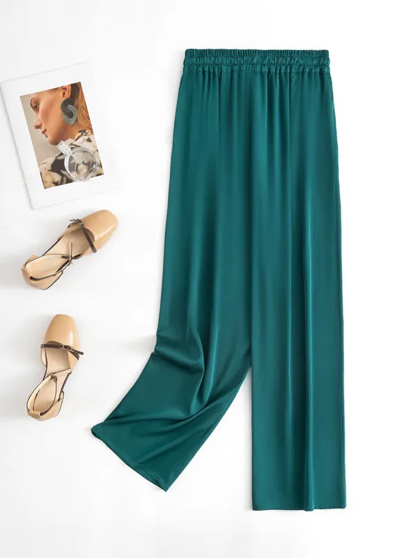 2025 Women's Early Autumn New Blue Green 93% Natural Mulberry Silk Elastic Double Qiao Satin Casual Versatile Straight Leg Pants