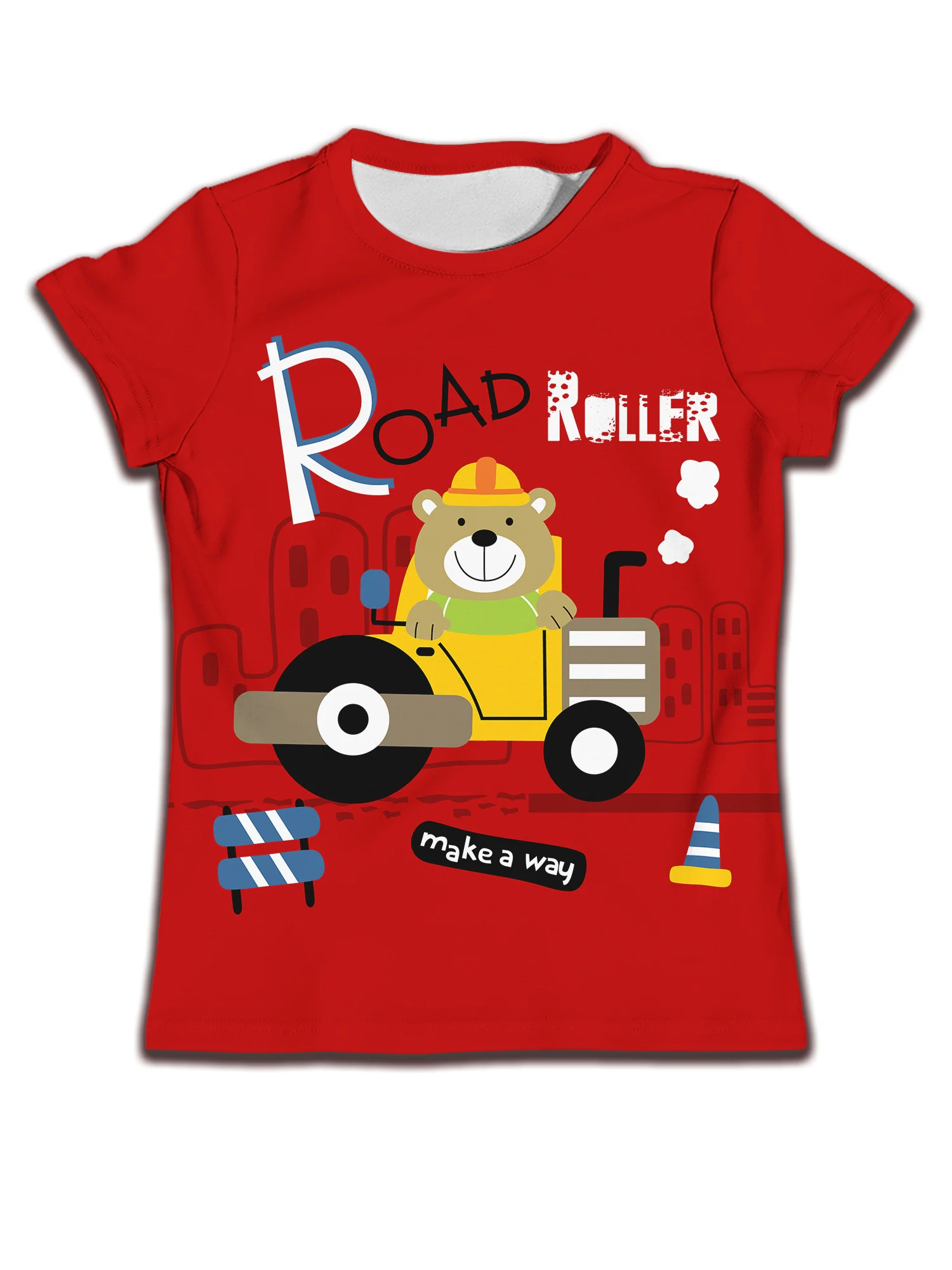 Red Girl Clothes 3 to14 Years Football T Shirt Kids Bear Drives Roller Print Casual T-shirt Cartoon 2024 New Summer Baby Top Tee